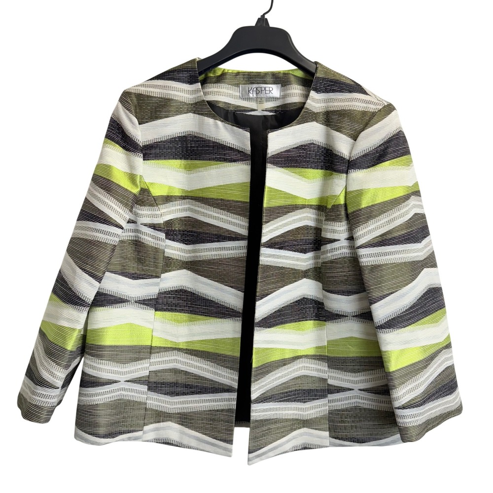 Kasper Women 16 Geometric Chevron Jacquard Blazer Olive Lime Green Open Front